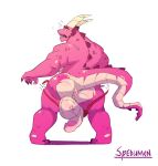  5_fingers anthro anus back_muscles balls biceps big_balls big_butt big_muscles big_penis bottomwear bubble_butt butt claws clothing dragon fingers flaccid genitals hi_res huge_balls huge_penis humanoid_penis looking_back male muscular muscular_male nude open_mouth penis pink_body pink_scales puffy_anus purple_body purple_scales quads raised_tail rear_view scales simple_background solo spedumon surprise thong torn_bottomwear torn_clothing torn_underwear uncut underwear wardrobe_malfunction 