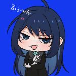 1girl ado_(utaite) ahoge black_bow black_bowtie black_coat blue_background blue_eyes blue_flower blue_hair bow bowtie chando_(ado) chibi cloud_nine_inc coat colored_inner_hair commentary_request flower flower_brooch gloves holding_own_arm light_blush long_hair looking_at_viewer mole mole_under_eye multicolored_hair open_mouth riseno shirt sidelocks simple_background smug solo translation_request two-tone_hair utaite very_long_hair white_gloves white_shirt 
