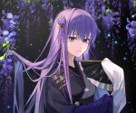  1girl absurdres blue_eyes blue_ribbon blush breasts fate/extra fate/extra_ccc fate/grand_order fate_(series) folding_fan hair_ribbon hand_fan highres japanese_clothes jiajiayu kimono long_hair long_sleeves looking_at_viewer meltryllis_(fate) purple_hair ribbon small_breasts solo very_long_hair wide_sleeves 