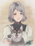  1girl aged_down animal blue_eyes closed_mouth commentary_request dog dress final_fantasy final_fantasy_xvi grey_hair high_collar highres holding holding_animal holding_dog jill_warrick juliet_sleeves long_sleeves looking_at_viewer puffy_sleeves puppy quichi_91 short_hair smile swept_bangs torgal_(ff16) upper_body waving white_dress 