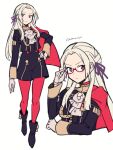  1girl adjusting_eyewear artist_name ascot bespectacled blush cape closed_mouth commentary do_m_kaeru edelgard_von_hresvelg fire_emblem fire_emblem:_three_houses frown garreg_mach_monastery_uniform glasses hand_on_own_hip long_hair multiple_views pantyhose purple_eyes red-framed_eyewear red_cape red_pantyhose simple_background standing white_ascot white_background white_hair 