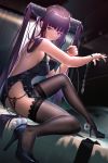  1girl back backless_dress backless_outfit bangs bare_shoulders black_dress black_footwear black_legwear blunt_bangs breasts cuffs dress fate/grand_order fate_(series) handcuffs high_heels highres knee_up lace lace-trimmed_legwear large_breasts legs long_hair looking_at_viewer luomo purple_hair short_dress side_slit sidelocks sitting smile solo thighhighs thighs twintails very_long_hair yang_guifei_(fate/grand_order) 