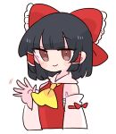  ascot black_hair brown_eyes collared_shirt detached_sleeves frilled_shirt_collar frills hakurei_reimu highres op_na_yarou red_shirt ribbon-trimmed_sleeves ribbon_trim shirt short_hair sleeveless sleeveless_shirt smile touhou waving white_sleeves wide_sleeves yellow_ascot 