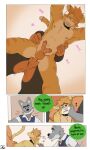 3:5 5_fingers anal anal_penetration anthro balls beard bedroom_eyes blonde_hair blush bodily_fluids brown_body brown_fur canid canine canis chest_tuft chuck_(p_rindustries) clenched_teeth collar collar_only comic dialogue dobermann domestic_cat domestic_dog english_text erection eye_contact eyes_closed facial_hair felid feline felis fingers fred_(p_rindustries) from_behind_position fucked_silly fur genitals grey_body grey_fur group hair hand_on_cheek hi_res looking_at_another male male/male mammal narrowed_eyes navel nipples nude p_rindustries penetration pinscher seductive sex smile smirk sound_effects standing_doggystyle striped_body striped_fur stripes sweat tabby_cat tan_body tan_fur teeth text thrusting trio tuft white_beard will_(p_rindustries) wolf