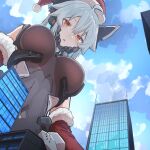  1girl absurdres ahoge bare_shoulders blue_hair blue_sky blush bodysuit breasts christmas cityscape cloud cloudy_sky dragon_girl dragon_horns from_below giant giantess hat highres horns large_breasts looking_at_viewer open_mouth original red_eyes short_hair sigure-zzzz skin_tight sky solo standing upper_body 