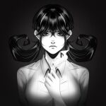  black_background black_eyes black_hair don&#039;t_starve fire greyscale highres holding_matchstick looking_at_viewer monochrome ponytail shirt willow_(don&#039;t_starve) zev 