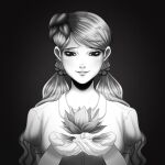  1girl black_background don&#039;t_starve flower greyscale highres holding holding_flower light_smile looking_at_object monochrome ponytail wendy_(don&#039;t_starve) zev 