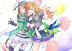  2girls animal_ears arisugawa_natsuha black_gloves black_thighhighs bow brown_hair dress ear_covers frilled_sleeves frills garter_straps gloves green_bow green_dress grey_shirt hair_bow highres horse_ears horse_girl idolmaster idolmaster_shiny_colors king_halo_(umamusume) layered_dress long_hair looking_at_viewer multiple_girls murazo_(0606) orange_hair purple_skirt red_eyes shirt skirt smile thighhighs umamusume wavy_hair 