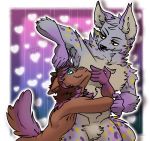  &lt;3 absurd_res anthro bovid caprine cuddling digital_media(artwork digital_media_(artwork) dots duo felid goat hair hi_res horn hug hyaenid lion male male/male mammal mane multicolored_hair mysticfluff nude pantherine simple_background smile smirk 