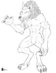 2023 abs anthro blizzard_entertainment canid claws ears_up facial_hair fangs featureless_crotch fur goatee hi_res male mammal marcushunter mouth_closed nude pecs signature solo standing teeth toe_claws warcraft were werecanid worgen
