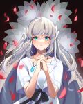  1girl blue_eyes dress ender_lilies_quietus_of_the_knights expressionless flower grey_hair highres jewelry lily_(ender_lilies) long_hair looking_at_viewer lotus necklace own_hands_clasped own_hands_together parted_lips pendant petals punipunimeron1 solo upper_body white_dress white_flower 