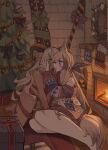  2girls absurdres animal_ear_fluff animal_ears arknights beeswax_(arknights) blush box brown_hair cardigan_(arknights) christmas christmas_sweater christmas_tree collarbone commentary commission dark-skinned_female dark_skin dog_ears dog_girl dog_tail english_commentary fireplace gift gift_box goat_ears goat_girl goat_horns hand_on_another&#039;s_cheek hand_on_another&#039;s_face heart highres horns indoors long_hair long_sleeves multiple_girls naked_ribbon nude open_mouth purple_eyes ribbon single_off_shoulder tail teeth togekk0 upper_teeth_only yuri 