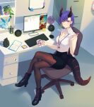  black_footwear breasts chair demon_girl demon_horns highres horns looking_at_viewer medium_breasts office office_chair office_lady open_clothes open_shirt original pencil_skirt rainbow_flag roarke_(lavenderincubus) skirt swivel_chair thighhighs transgender_flag 