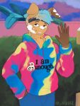 2023 absurd_res accessory anthro barbie_(film) brown_body brown_fur clothed clothing digital_media_(artwork) english_text fur hair headband hi_res hoodie lagomorph leporid male mammal mello_bun miramore multicolored_hair rabbit signature solo text tie_dye topwear two_tone_hair