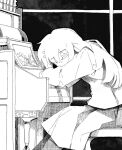  1girl closed_eyes from_side greyscale hair_between_eyes highres indoors instrument long_hair monochrome original piano sitting solo tayama222 
