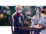  1boy 1girl aerith_gainsborough aerith_gainsborough_(fairy_of_snowfall) alternate_costume aqua_eyes bare_shoulders black_gloves blonde_hair blue_jacket blue_pants blurry blurry_background breasts brown_hair cake chair christmas_cake christmas_lights cleavage cleavage_cutout clothing_cutout cloud_strife coat cup dress final_fantasy final_fantasy_vii final_fantasy_vii_ever_crisis final_fantasy_vii_remake fingerless_gloves food fork fruit fur-trimmed_jacket fur_trim gloves green_eyes hair_between_eyes hair_ribbon halter_dress halterneck hat highres holding holding_cup holding_fork hot_chocolate jacket jacket_partially_removed letterboxed long_hair long_sleeves looking_at_another medium_breasts mochee_bi nail_polish official_alternate_costume pants parted_bangs parted_lips plaid plaid_pants red_ribbon red_scarf ribbon scarf short_dress short_hair sidelocks sitting sleeveless sleeveless_dress smile spiked_hair strawberry sweater table turtleneck turtleneck_sweater wavy_hair whipped_cream white_coat white_dress white_gloves white_headwear white_sweater winter_clothes winter_coat 