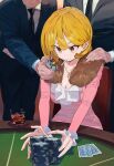  1girl 2boys alcohol black_necktie black_suit blonde_hair breasts card casino_card_table cigarette cleavage collarbone dress fur_scarf gambling highres holding holding_cigarette holding_lighter ice ice_cube lighter looking_ahead medium_breasts mouth_hold multiple_boys necktie original pink_dress playing_card poker_chip sekoshi_(some1else45) solo_focus some1else45 suit table whiskey zippo_lighter 