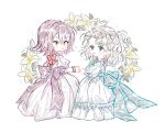  2girls artist_name back_bow blue_bow blue_eyes blue_flower blush_stickers bow braid closed_mouth collar collared_dress commentary dress eyelashes flower flower_brooch frilled_collar frilled_dress frilled_sleeves frills from_behind from_side frown full_body grey_hair hair_over_shoulder highres holding_hands lily_(flower) long_dress long_hair long_sleeves looking_at_viewer multiple_girls one_side_up original puffy_long_sleeves puffy_short_sleeves puffy_sleeves purple_bow purple_dress purple_hair purple_sleeves purple_wrist_cuffs red_bow saelah_andlus short_sleeves signature simple_background single_braid sleeves_past_elbows smile sparkle symbol-only_commentary white_background white_dress white_flower white_sleeves yellow_eyes yuri 
