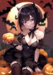  1girl absurdres bat_(animal) black_hair blue_eyes blush breasts choker cleavage detached_sleeves dress full_moon garter_straps halloween halter_dress halterneck hebi_neco highres holding horns jack-o&#039;-lantern looking_at_viewer medium_breasts moon night night_sky original outdoors pumpkin short_hair short_sleeves sitting sky smile solo thighhighs wrist_cuffs 