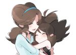  2girls black_vest blue_shirt brown_hair clear_2758 closed_eyes highres hilda_(pokemon) hug long_hair mother_and_daughter multiple_girls open_clothes open_mouth open_vest pokemon pokemon_bw ponytail shirt sleeveless sleeveless_shirt smile twitter_username unova_mother_(bw) upper_body vest white_shirt 
