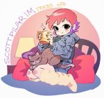  bedroom black_eyes cat cup fluffy_legwear grey_hoodie holding holding_cup hood hoodie indoors knees looking_at_viewer mug multicolored_hair on_bed pillow pink_hair purple_hair ramona_flowers scott_pilgrim_(series) scott_pilgrim_takes_off seiza sitting steam tetsu_(teppei) 