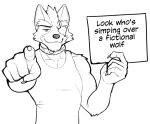 2024 anthro black_and_white canid canine canis claws clothed clothing collar english_text eye_patch eyebrows eyewear fur gesture hair holding_object holding_sign jrjresq looking_at_viewer male mammal meme monochrome muscular muscular_anthro muscular_male narrowed_eyes nintendo pointing pointing_at_viewer reaction_image shirt sign simp simple_background smile solo spiked_collar spikes standing star_fox tank_top text topwear tuft white_background wolf wolf_o&#039;donnell
