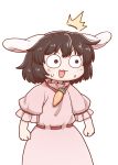  /\/\/\ 1girl animal_ears blush brown_eyes brown_hair bunny_ears carrot carrot_necklace clenched_hands dress eyebrows_visible_through_hair hair_between_eyes inaba_tewi open_mouth pink_dress poronegi puffy_short_sleeves puffy_sleeves short_hair short_sleeves simple_background solo surprised sweat sweatdrop touhou white_background wide-eyed 