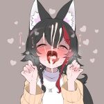  1girl after_fellatio animal_ear_fluff animal_ears black_hair claw_pose commentary cum cum_in_mouth cum_on_hair cum_on_tongue facial hair_between_eyes hair_ornament hairclip hands_up heart hololive kani_bonara long_hair looking_at_viewer multicolored_hair ookami_mio ookami_mio_(street) open_mouth red_eyes red_hair solo squinting stray_pubic_hair streaked_hair symbol-only_commentary virtual_youtuber wolf_ears wolf_girl 