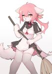 anthro bell bell_collar breasts broom canid canine cleaning_tool cleavage clothed clothing collar crayon_(artist) dress female fur hair hi_res holding_broom holding_cleaning_tool holding_object legwear long_hair looking_at_viewer mammal orange_eyes pink_hair ponytail simple_background solo standing thigh_highs white_background white_body white_fur
