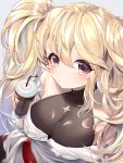  1girl 40_(0f0urw) absurdres bangs bare_shoulders blonde_hair blush breasts cleavage closed_mouth cup disposable_cup drinking_straw eyebrows_visible_through_hair granblue_fantasy hair_between_eyes highres large_breasts long_hair looking_at_viewer monika_weisswind purple_eyes shirt simple_background solo star twintails white_shirt 