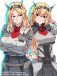  2girls blonde_hair blue_eyes breasts closed_mouth crossed_arms flower hair_between_eyes hand_on_own_hip headgear highres kantai_collection large_breasts long_hair long_sleeves looking_at_viewer medium_breasts military_uniform multiple_girls nelson_(kancolle) red_flower red_rose rodney_(kancolle) roko_roko_(doradorazz) rose sample_watermark simple_background twitter_username uniform watermark 