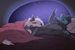  2020 anthro bed canid canine canis digital_media_(artwork) dragostewolf duo enzo_wolf female fur furniture hair hi_res horn male mammal on_bed raining simple_background sleeping were werecanid werecanine werewolf white_body white_fur wolf 