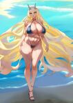  1girl abs artist_request bare_shoulders barghest_(fate) beach bikini blonde_hair breasts fate/grand_order fate_(series) hair_ornament high_heels large_breasts long_hair muscular muscular_female solo swimsuit 