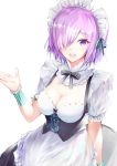  1girl alternate_costume apron blush breasts cleavage enmaided fate/grand_order fate_(series) hair_over_one_eye jas_(annkoromochi) large_breasts lavender_hair looking_at_viewer maid maid_headdress mash_kyrielight open_mouth purple_eyes short_hair simple_background smile solo white_apron white_background 