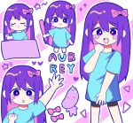  +_+ 1girl :&gt; :&lt; aqua_shirt aubrey_(headspace)_(omori) aubrey_(omori) barefoot baseball_bat blush_stickers bow bright_pupils character_name chibi child colored_skin fang hair_bow hand_up heart holding holding_baseball_bat hoshidashiki long_hair looking_at_viewer mr._plantegg_(omori) omori open_mouth outline pink_background pink_bow purple_eyes purple_hair shirt sleeping smile solo sparkle standing star_(symbol) striped_background stuffed_toy triangle variations white_background white_outline white_pupils white_skin 