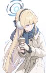  1girl blonde_hair blue_archive blue_eyes blue_hair blue_halo blue_scarf blush closed_mouth coat coffee_cup cup dan_(kumadan) disposable_cup earmuffs halo highres holding holding_cup long_hair long_sleeves multicolored_hair scarf simple_background solo streaked_hair toki_(blue_archive) white_background white_coat 