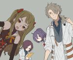  2boys 2girls bob_cut brown_eyes brown_hair collared_shirt doctor glasses goeppe grey_background highres lab_coat looking_at_viewer medic_(sekaiju_4) medic_1_(sekaiju_4) medic_2_(sekaiju_4) medic_3_(sekaiju_4) medic_4_(sekaiju_4) multiple_boys multiple_girls orange_eyes ponytail purple_eyes purple_hair ribbon sailor_collar sekaiju_no_meikyuu sekaiju_no_meikyuu_4 shirt spiked_hair stethoscope two_side_up 