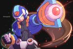  abs arm_cannon armor artist_name black_bodysuit bodysuit brown_hair covered_navel cropped_jacket crotch_plate green_eyes highres ishigaki_(sora_roxas) long_hair mega_man_(series) mega_man_zx mega_man_zx_advent model_x_(mega_man) pointing_weapon power_armor twitter_username vent_(mega_man) weapon 