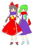  2girls :d ascot blue_footwear blush bobby_socks bow bow_skirt closed_mouth detached_sleeves footwear_bow frilled_bow frills frog_hair_ornament full_body green_hair grey_eyes grey_footwear grey_hair hair_bow hair_ornament hair_tubes hakurei_reimu kochiya_sanae long_hair multiple_girls nonamejd parted_bangs purple_scarf purple_skirt red_bow red_scarf red_skirt ribbon-trimmed_skirt ribbon-trimmed_sleeves ribbon_trim scarf shoes simple_background single_hair_tube skirt smile snake_hair_ornament socks standing touhou white_background white_bow white_sleeves white_socks yellow_ascot yellow_eyes 