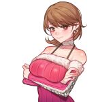  1girl arms_under_breasts bagjunba_(qkrgk198) breasts bright_pupils brown_eyes brown_hair choker closed_mouth collarbone commentary commentary_request detached_sleeves dress earrings fur-trimmed_dress fur_trim highres jewelry mixed-language_commentary persona persona_3 persona_3_reload pink_dress short_hair simple_background sleeveless sleeveless_dress smile solo sparkle swept_bangs takeba_yukari upper_body white_background white_choker white_pupils 