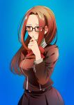  1girl black-framed_eyewear blue_background blush breasts brown_hair closed_mouth commentary embarrassed fushimi_chihiro gekkoukan_high_school_uniform glasses gradient_background highres kyougetsu_(junrai) long_hair long_sleeves medium_breasts persona persona_3 persona_3_reload red_eyes ribbon school_uniform simple_background solo 