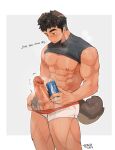  1boy abs animal_ears baduki_(tenji) bara bare_pectorals black_hair blush can clothes_lift cowboy_shot dark-skinned_male dark_skin dog_boy dog_ears dog_tail english_text erection grey_background highres holding holding_can large_pectorals large_penis long_sideburns looking_down male_focus male_underwear male_underwear_pull muscular muscular_male nipples original pectorals penis pulled_by_self shirt_lift short_hair sideburns simple_background solo sweatdrop tail tenji_(tenji_89) testicles uncensored underwear white_male_underwear 