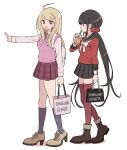  2girls ahoge akamatsu_kaede bag black_sailor_collar blonde_hair brown_hair bubble_tea copyright_name danganronpa_(series) danganronpa_v3:_killing_harmony drinking from_side full_body hair_ornament harukawa_maki highres holding holding_bag kneehighs long_hair looking_at_another low_twintails multiple_girls musical_note musical_note_hair_ornament musical_note_print necktie open_mouth pink_sweater_vest pink_vest pleated_skirt pointing profile purple_eyes red_eyes red_necktie red_scrunchie red_thighhighs sailor_collar school_uniform scrunchie shirt shopping_bag skirt socks sweater_vest thighhighs twintails very_long_hair vest walking white_background white_shirt xiao_(grsnss25) 