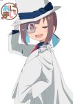  1girl absurdres artist_name bambi2000line brown_hair cape cosplay gloves hat highres hozuki_momiji kaitou_kid kaitou_kid_(cosplay) looking_at_viewer meitantei_conan monocle necktie one_eye_closed onii-chan_wa_oshimai! parody red_eyes short_hair simple_background solo suit title top_hat white_background white_suit 