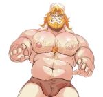 2024 abs anthro asgore_dreemurr beard big_pecs blonde_hair blush body_hair boss_monster bovid bulge caprine chest_hair clothed clothing deliverymutt detailed_bulge erection erection_under_clothing facial_hair floppy_ears genital_outline goat hair hairy half-length_portrait happy_trail hi_res horn huge_pecs looking_at_viewer male mammal muscular muscular_male narrowed_eyes nipples pecs penis_outline portrait simple_background solo tenting topless undertale undertale_(series) underwear white_background white_body