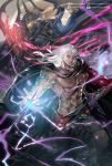  abs armlet armor bracelet cloak dual_persona final_fantasy final_fantasy_iv final_fantasy_iv_the_after glowing glowing_eyes golbeza highres jewelry looking_at_viewer magic moreshan muscle open_hand outstretched_arm serious shirtless silver_hair sword weapon 