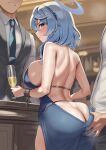  1girl 2boys absurdres ako_(blue_archive) ako_(dress)_(blue_archive) alcohol ass ass_grab back backless_dress backless_outfit bare_arms bare_shoulders blue_archive blue_dress blue_eyes blue_hair blue_halo blue_necktie blurry blurry_background blush breasts butt_crack champagne closed_mouth collared_shirt commentary cup dress from_behind halo highres holding holding_cup large_breasts looking_back medium_hair multiple_boys necktie official_alternate_costume onedoo shirt smile solo_focus symbol-only_commentary white_shirt 
