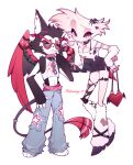  2boys :&lt; alternate_costume angel_dust animal_ear_fluff animal_ears animal_nose animal_print arm_warmers bag bare_shoulders belt black_choker black_dress black_fur black_sclera black_thighhighs black_wings blowing_kiss body_fur body_markings cat_boy cat_ears chinese_commentary choker chunjian_(chenlu769) closed_mouth collar colored_sclera commentary_request cross-laced_clothes cross-laced_slit dated denim dress fashion full_body fur-tipped_tail furry furry_male hair_ornament hairclip hand_on_own_hip hand_on_own_leg hand_up hazbin_hotel heart heart-shaped_bag heart_choker highres holding holding_bag husk_(hazbin_hotel) jeans knee_up leaning_forward leg_warmers looking_at_viewer male_focus male_with_breasts mismatched_sclera monster_boy multicolored_wings multiple_belts multiple_boys navel o3o off_shoulder pants pink_belt pink_collar pink_eyes pink_fur red_bag red_wings shirt short_dress side_slit simple_background single_thighhigh slit_pupils spider_hair_ornament spider_print spiked_belt spiked_collar spikes standing star_(symbol) star_print sweat tail tail_ornament tail_ring tank_top thigh_strap thighhighs torn_clothes torn_shirt torn_thighhighs two-tone_fur white_arm_warmers white_background white_fur white_leg_warmers white_shirt white_tank_top winged_bag wings x_hair_ornament yellow_eyes 