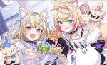  2girls animal_ear_fluff animal_ears bandaid bandaid_hair_ornament blonde_hair blue_eyes blue_hair breasts collar dog_ears dog_girl fuwawa_abyssgard fuwawa_abyssgard_(1st_costume) hair_ornament happy_birthday highres hololive hololive_english long_hair medium_breasts mococo_abyssgard mococo_abyssgard_(1st_costume) multicolored_hair multiple_girls pink_eyes pink_hair siblings sisters streaked_hair tail twins virtual_youtuber yomosaka 