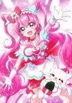  1girl :d arm_up back_bow bow brooch choker cone_hair_bun cure_precious delicious_party_precure double_bun dress earrings frilled_hairband frills futa-futa gloves hair_bow hair_bun hairband heart heart_brooch highres huge_bow jewelry kome-kome_(precure) light_particles long_hair looking_at_viewer magical_girl medium_dress nagomi_yui open_mouth pink_choker pink_hair precure purple_eyes red_bow red_dress smile solo sparkle standing two-tone_dress two_side_up very_long_hair white_dress white_gloves 